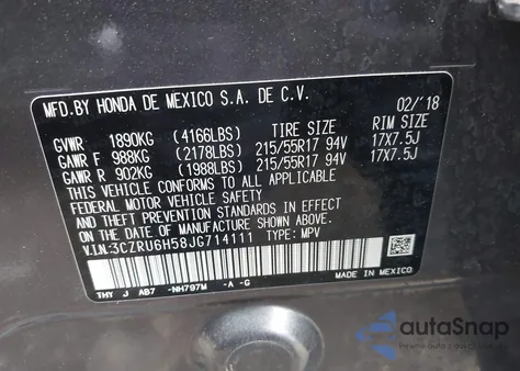 2018 Honda Hr-V Ex z USA, uszkodzony, nr VIN 3CZRU6H58JG714111